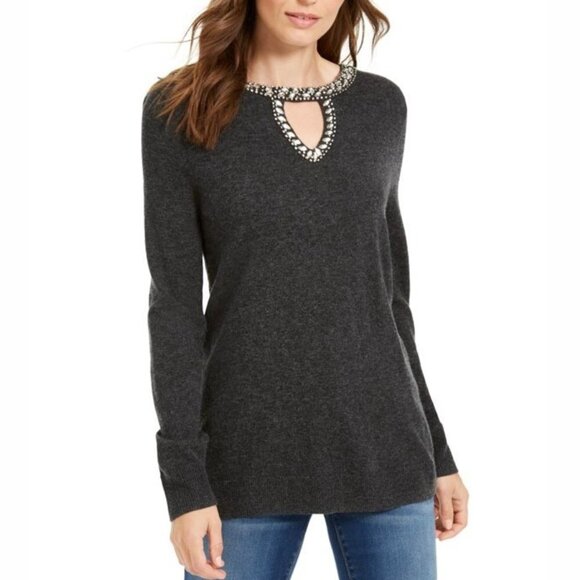 INC Women's Rhinestone Embellished Keyhole Wool Cashmere Silk Blend Sweater - Picture 1 of 8